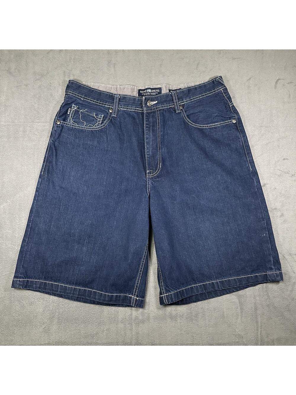 Ecko Unltd Baggy Fit Denim Shorts Blue Men’s Size 40 Y2K Rhino Embroidered